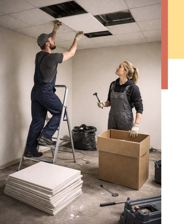 Демонтаж потолочной плитки в Кстово от 4583 руб. быстро и недорого | ОТДЕЛОЧНИК-Ксв