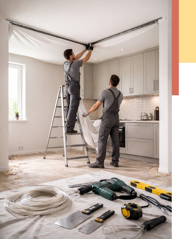 Установка натяжного потолка на кухне в Кстово от 2444 руб. | ОТДЕЛОЧНИК-Ксв