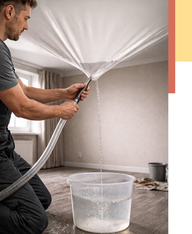 Слив воды с натяжного потолка в Кстово от 2546 руб. быстро и недорого | ОТДЕЛОЧНИК-Ксв